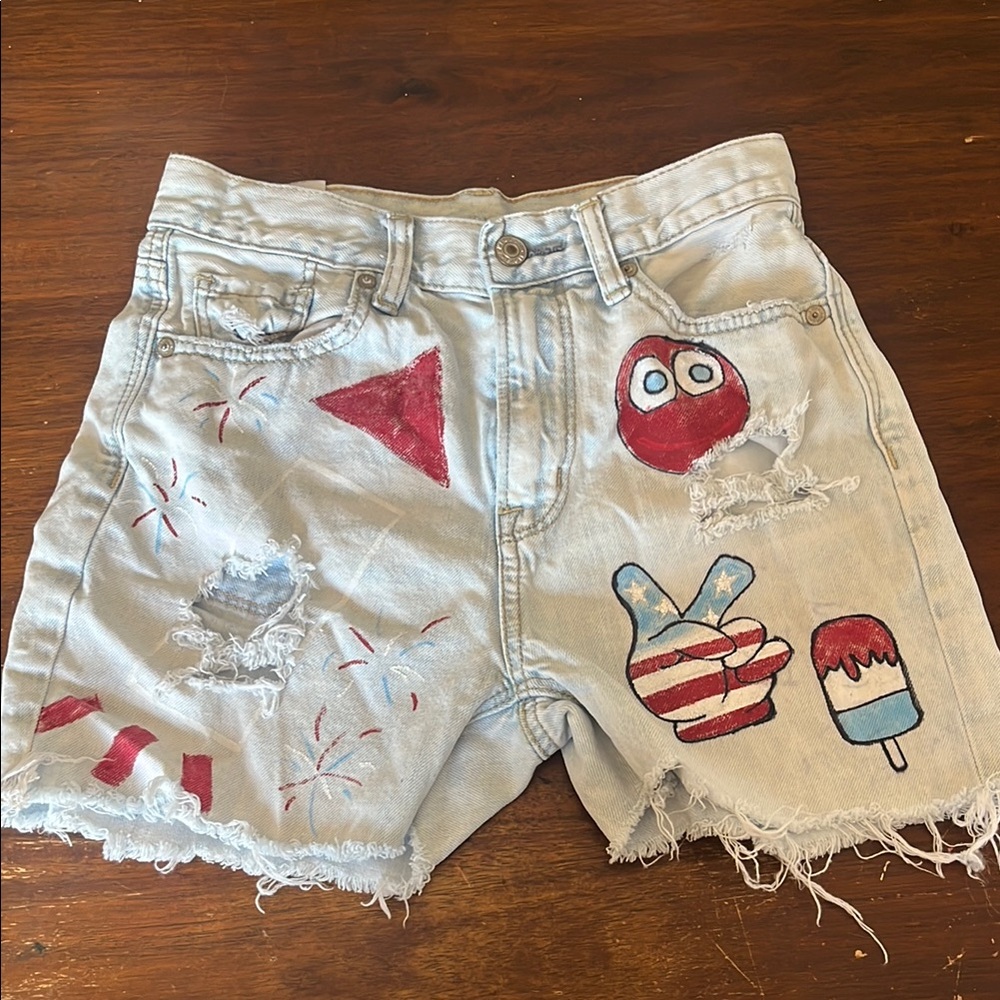 American Eagle Outfitters Distressed Denim Shorts with Red and Blue Accents